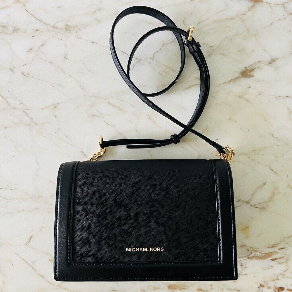 MICHAEL KORS Jet Set Solid Black Leather Full Flap Chain Crossbody Bag